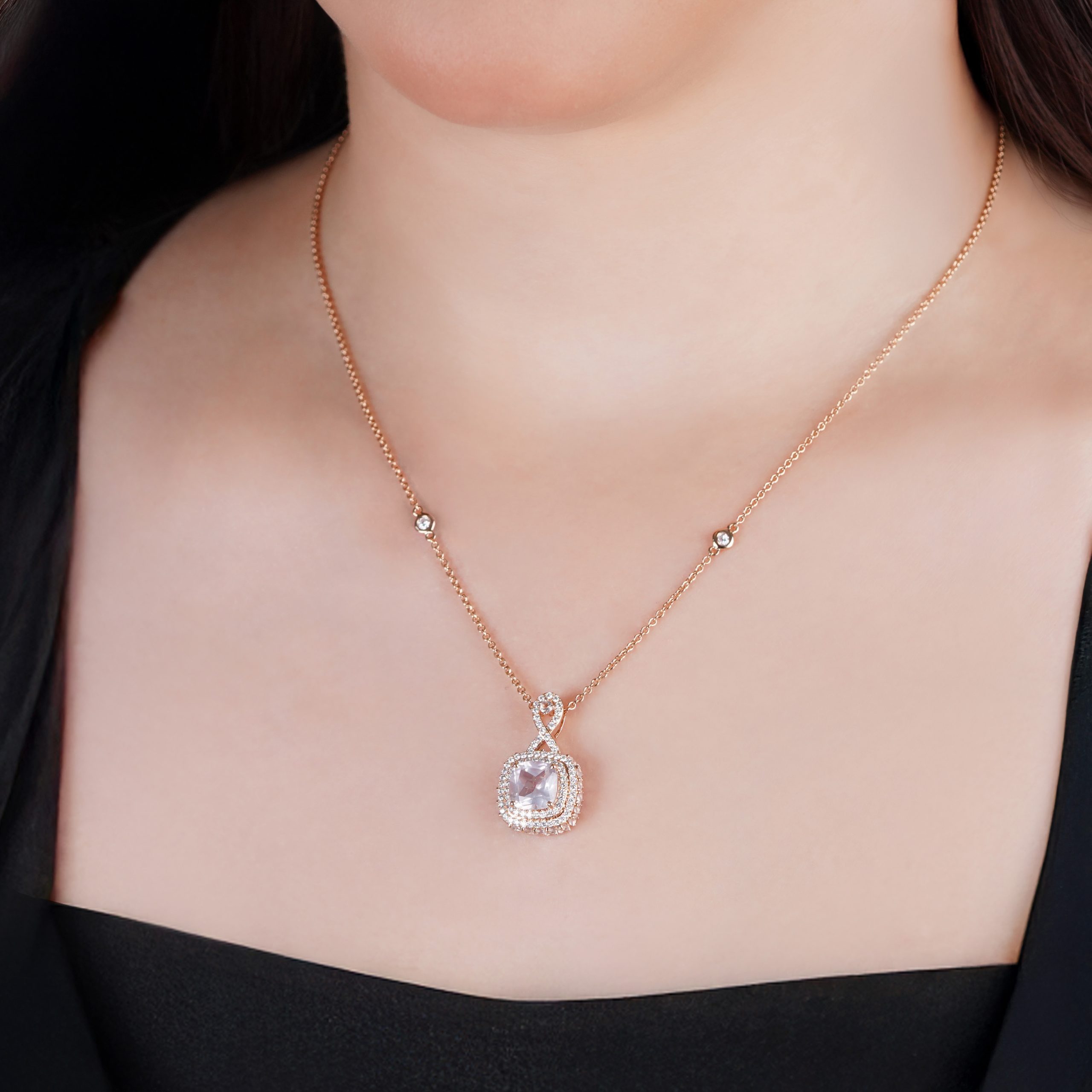 18k Rose Gold Necklace adorned with Natural Diamond and Rose Quartz | Vida Collection - Image 2