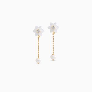 18k Gold Earrings with Mother of Pearl and Dangling Pearls | Worood Collection