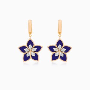 18k Yellow Gold Flower Earrings with Diamonds and Lapis Lazuli | Fortuna Diamond Collection