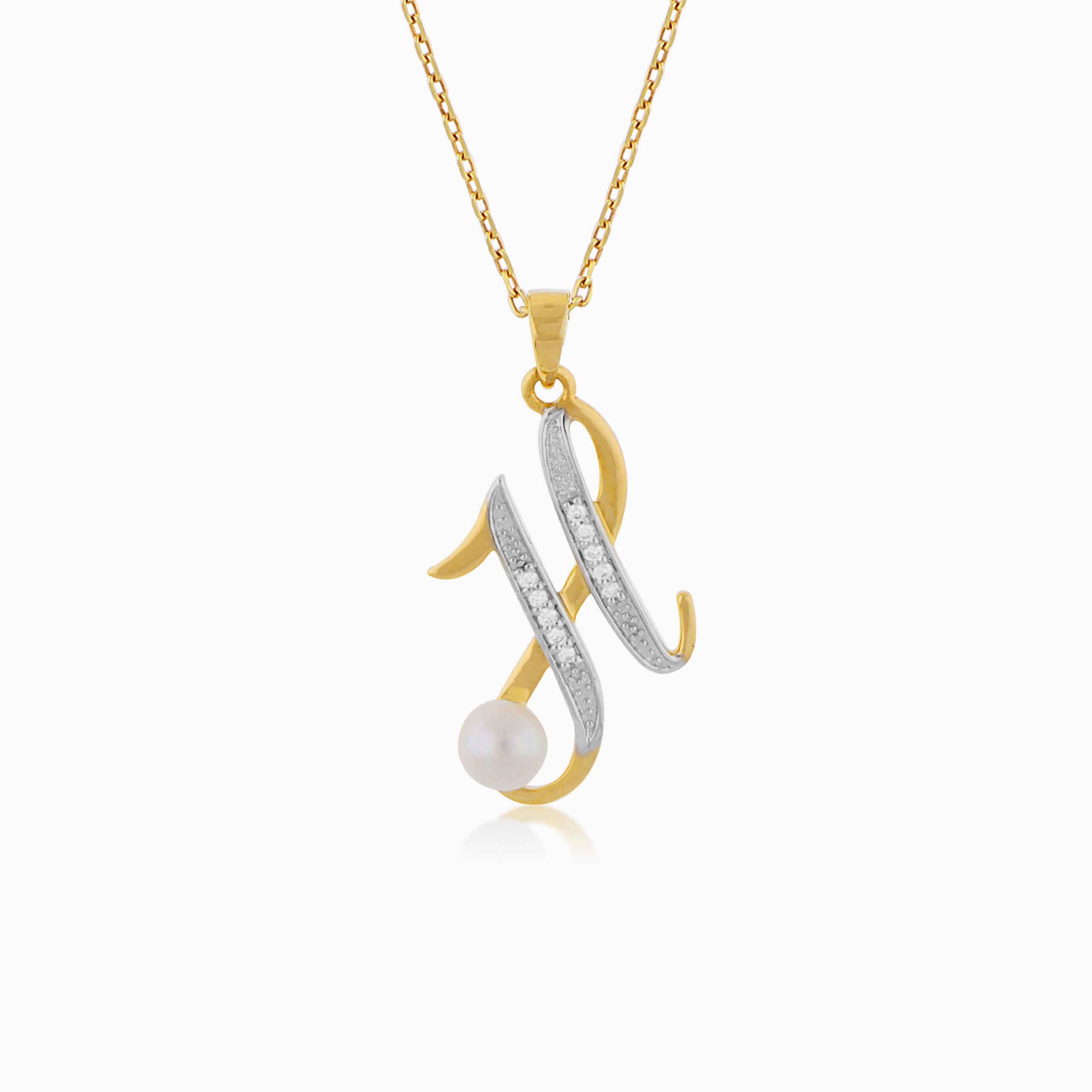 18k Yellow Gold ‘H’ Letter Necklace with Natural Diamonds & Pearl | Alpha Collection