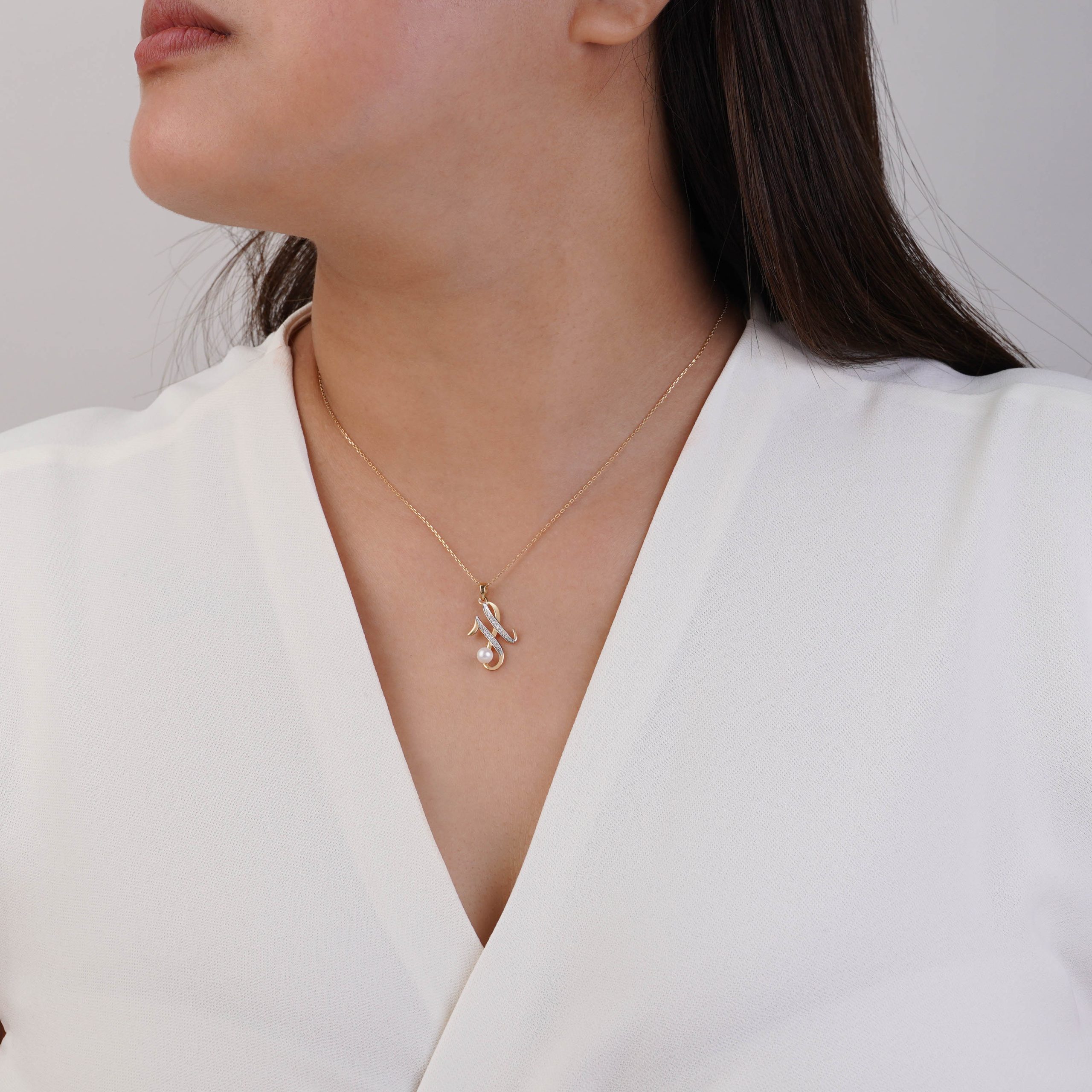 18k Yellow Gold ‘H’ Letter Necklace with Natural Diamonds & Pearl | Alpha Collection - Image 2