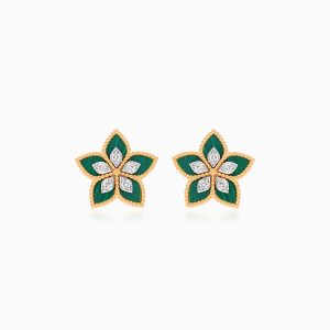 18K Yellow Gold Malachite Flower Earrings adorned with natural diamond stones | Fortuna Diamond Collection.