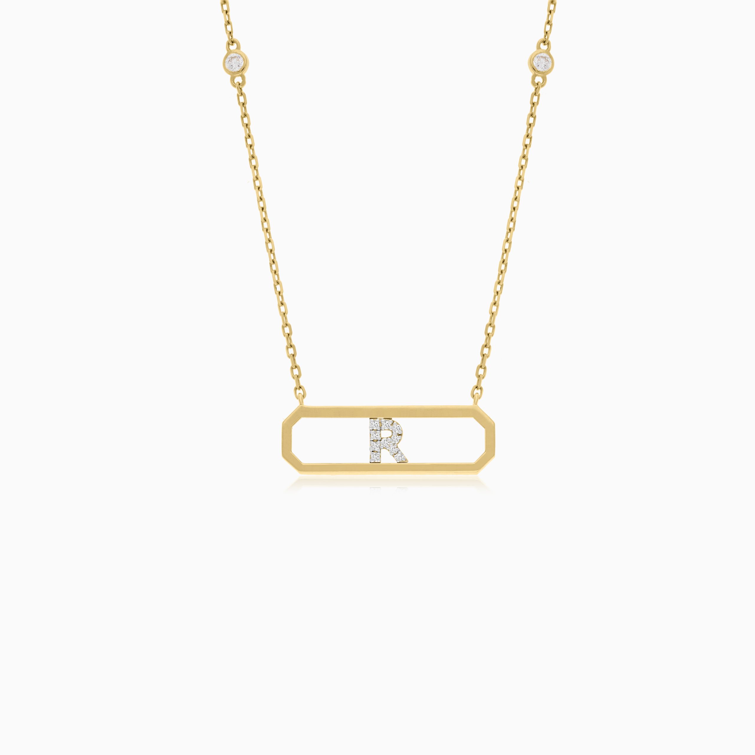18k Yellow Gold Necklace Letter “R” with Diamonds | Alpha Collection