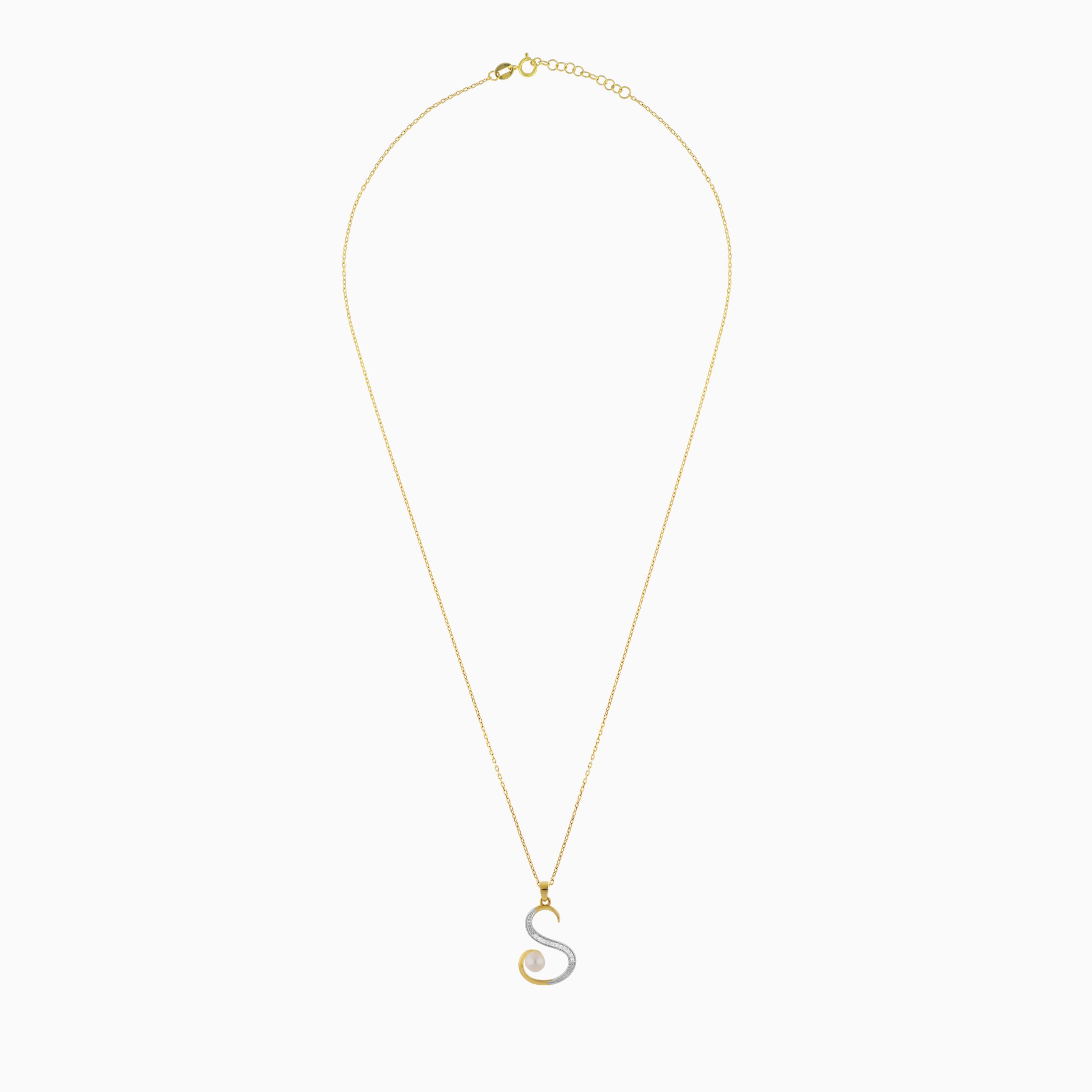 18k Yellow Gold 'S' Letter Necklace With Natural Diamond & Pearl | Alpha Collection - Image 3