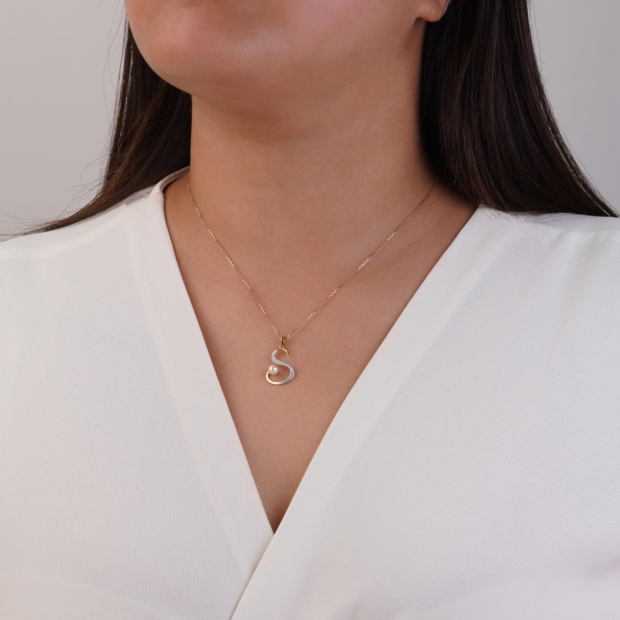 18k Yellow Gold 'S' Letter Necklace With Natural Diamond & Pearl | Alpha Collection - Image 2