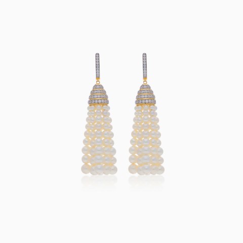 18k Yellow Gold Earrings decorated with Zircons and pearls from Danah Collection