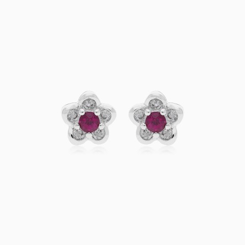 18k White Gold Flower-Shaped Stud Earrings with Diamonds and Ruby from Colori Collection