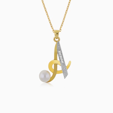 18K Yellow Gold 'A' Letter Necklace with Diamond & Pearl - Alpha Collection