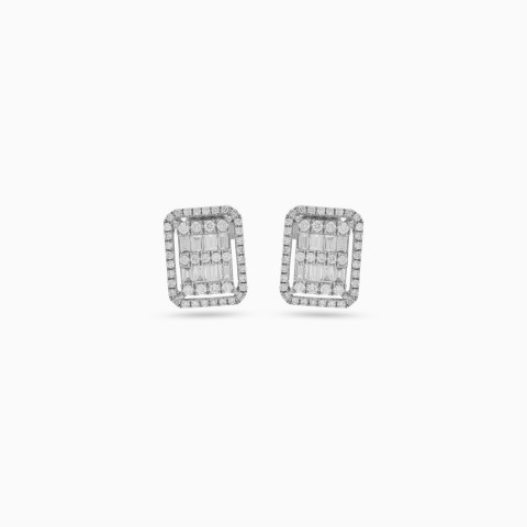 18k White Gold Rectangle-Shaped Stud Earrings with Natural Diamonds - Carre Collection