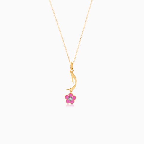 18K Gold ‘Alif’ Necklace with Diamond & Pink Enamel – Horoufi Collection