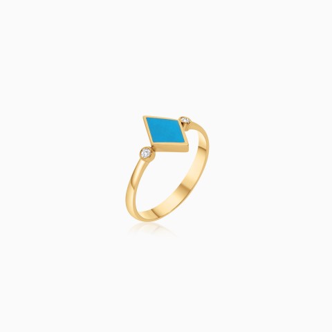 18K Yellow Gold Ring with Turquoise Enamel & Diamonds – Alwan Collection