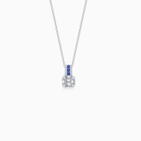 Carre Collection Necklace in 18K White Gold with Diamonds & Sapphires