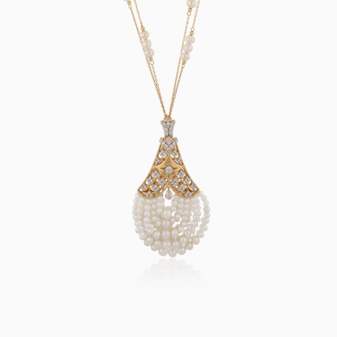 18K Yellow Gold Double Chain Necklace with Diamonds & Pearls - Danah Collection