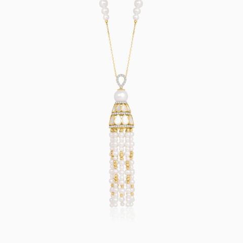 18K Yellow Gold Long Necklace with Diamonds & Pearls – Danah Collection