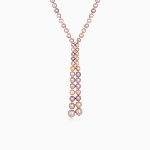 18K Yellow Gold Long Necklace with Multi-Color Pearls & Diamonds – Danah Collection
