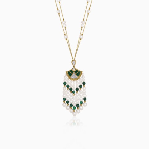 18K Yellow Gold Long Pearl Necklace with Diamonds & Malachite – Danah Collection