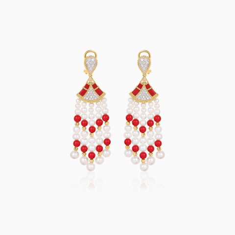 18K Yellow Gold Dangling Earrings with Pearls, Diamonds & Coral - Danah Collection
