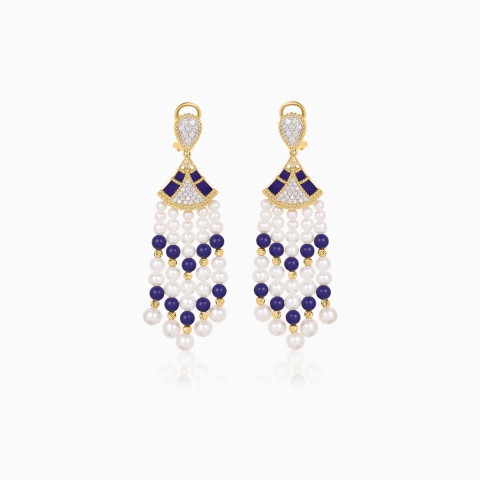 18K Yellow Gold Dangling Earrings with Pearls, Diamonds & Lapis Lazuli – Danah Collection