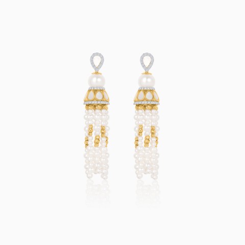 18K Yellow Gold Dangling Earrings with Pearls & Diamonds – Danah Collection