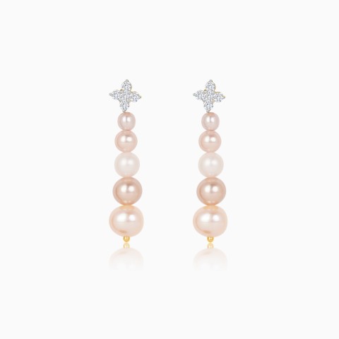 18K Yellow Gold Dangling Earrings with Multicolour Pearls & Diamonds – Danah Collection