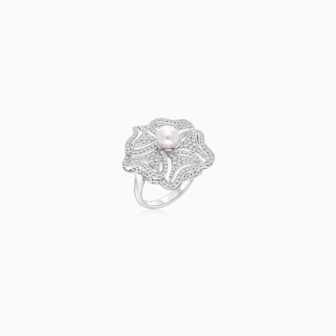Elegant 18K White Gold Pearl & Diamond Ring – Danah Diamond Collection