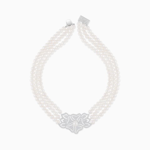 Danah Collection: 18K White Gold Choker with Pearl & Diamond