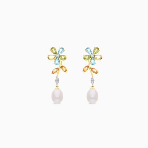 18K Yellow Gold Pearl Earrings with Natural Diamonds & Gemstones – Danah Photopendant Collection