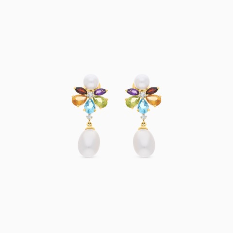 Danah Photopendant Collection – 18K Yellow Gold Earrings Featuring Pearls, Diamonds and Gemstones