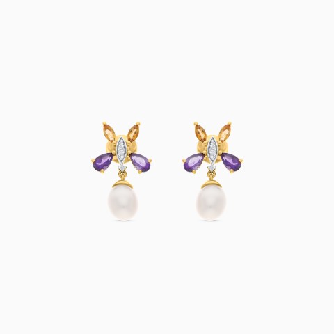 Elegant Pearl, Diamond & Gemstone Earrings in 18K Yellow Gold – Danah Photopendant Collection