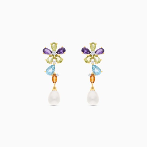 Danah Photopendant 18K Yellow Gold Pearl Earrings Set with Natural Diamonds & Gemstones