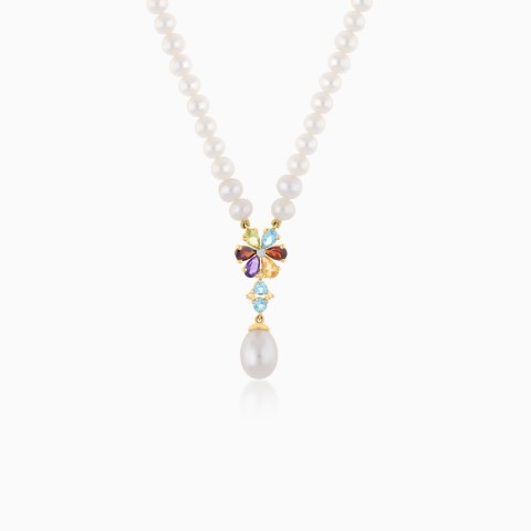 Danah Photopendant Collection – 18K Yellow Gold Pearl Necklace with Natural Diamond & Gemstones