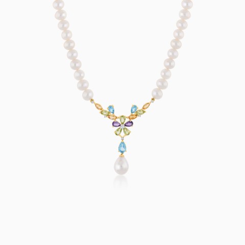 18K Yellow Gold Pearl Necklace with Flower Pendant from Danah Photopendant Collection