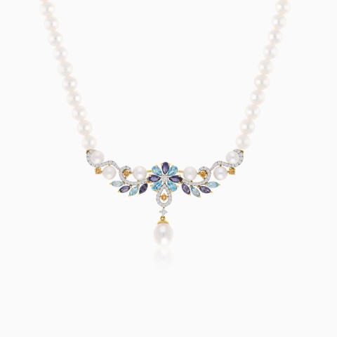 18K Yellow Gold Pearl Necklace with Diamond & Gemstone Floral Pendant - Danah Photopendant Collection