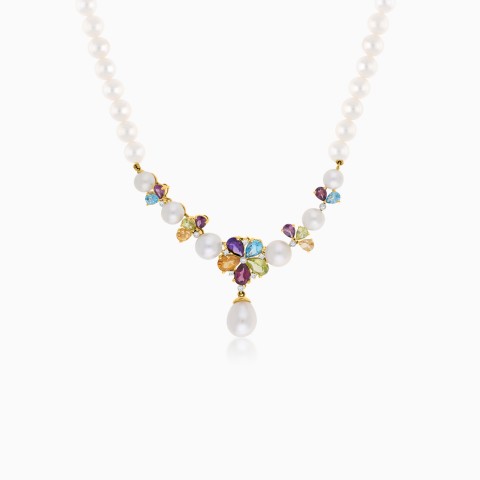 18K Yellow Gold Pearl Necklace with Floral Diamond Pendant – Danah Photopendant Collection