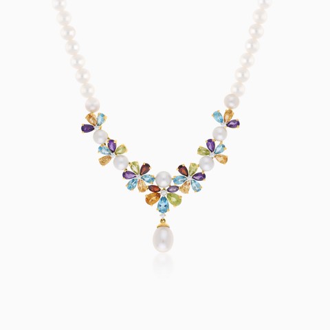 Floral Diamond & Gemstone Pendant Pearl Necklace in 18K Yellow Gold – Danah Photopendant Collection