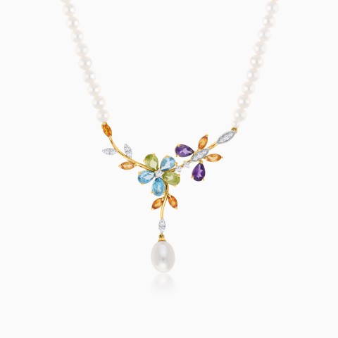 18K Yellow Gold Pearl Necklace with Diamond Flower Pendant – Danah Photopendant Collection