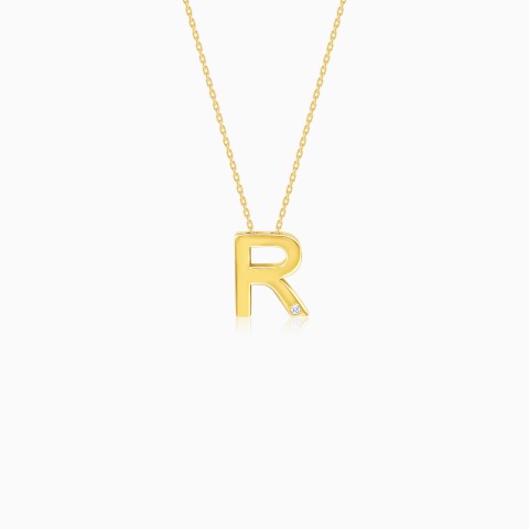 18K Yellow Gold “R” Letter Necklace with Natural Diamond – Alpha Collection
