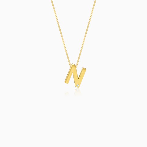 18K Yellow Gold Necklace with Letter “N” and Natural Diamond – Alpha Collection