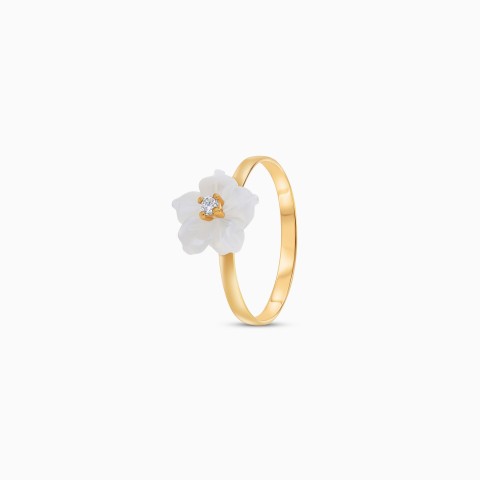 18K Gold Ring with White Mother of Pearl Flower & Zircon – Worood Collection