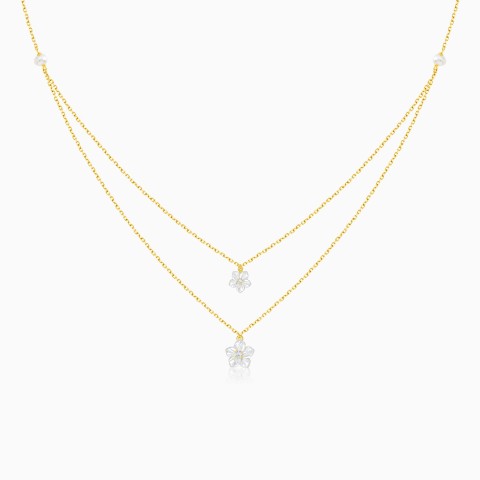 18K Yellow Gold 2-Layer Necklace with Mother of Pearl Flowers & Zircon – Worood Collection