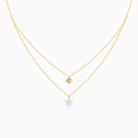 2-Layer 18K Gold Necklace with Pink & White Mother of Pearl and Zircon – Worood Collection