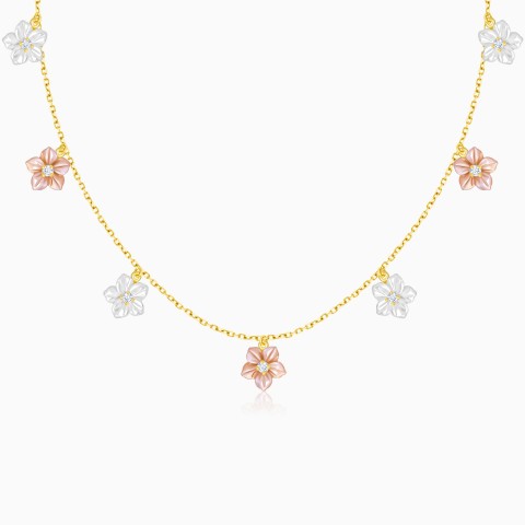 18K Worood Gold Necklace with Pink & White Mother of Pearl Flower Design and Zircon Stones – Worood Collection