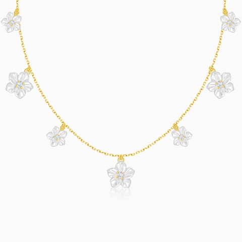 18K Yellow Gold Necklace with Mother of Pearl Flowers and Zircon Stones – Worood Collection