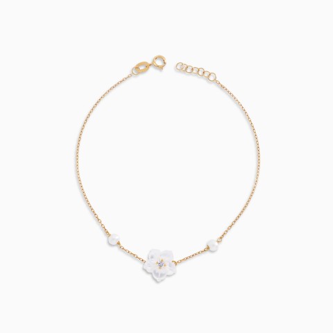 18K Gold Bracelet with Mother of Pearl Flowers & Pearls – Worood Collection