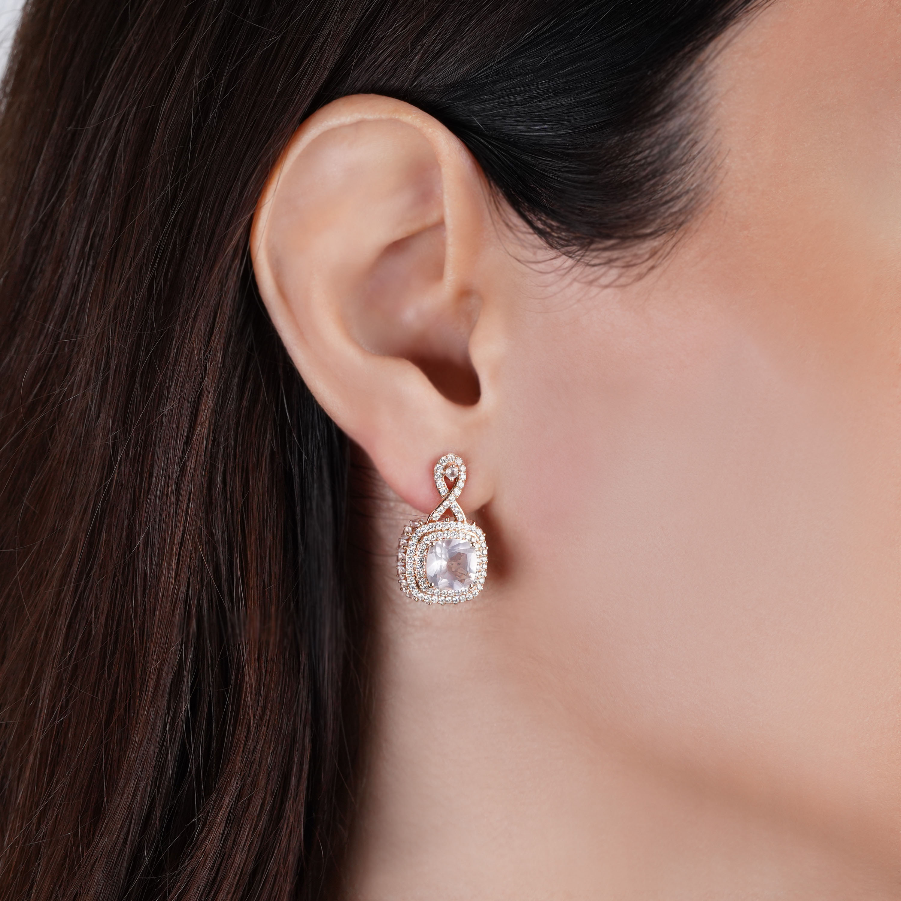 18K Rose Gold Earrings with Diamond and Rose Quartz – Vida Collection
