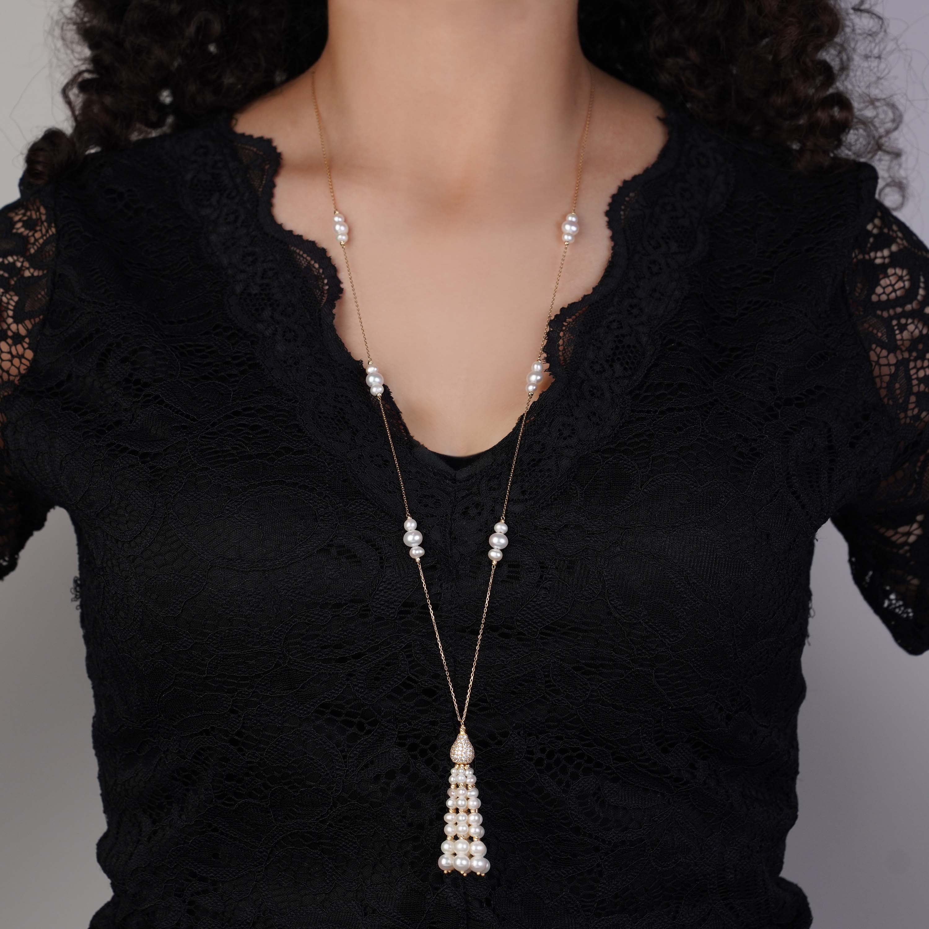 18K Yellow Gold Pearl and Zircon Necklace from Danah Collection