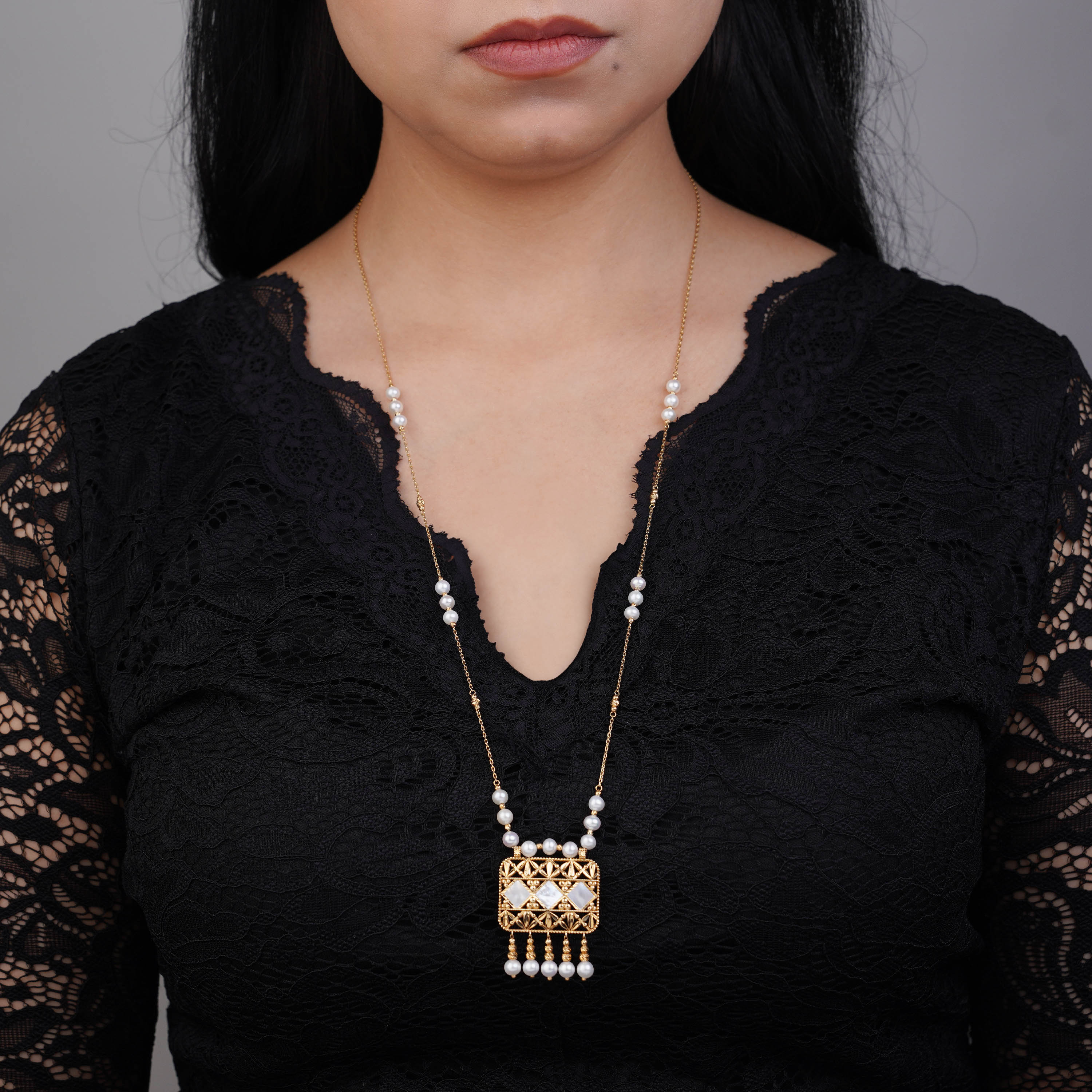 18K Yellow Gold Pearl Long Necklace from Danah Collection