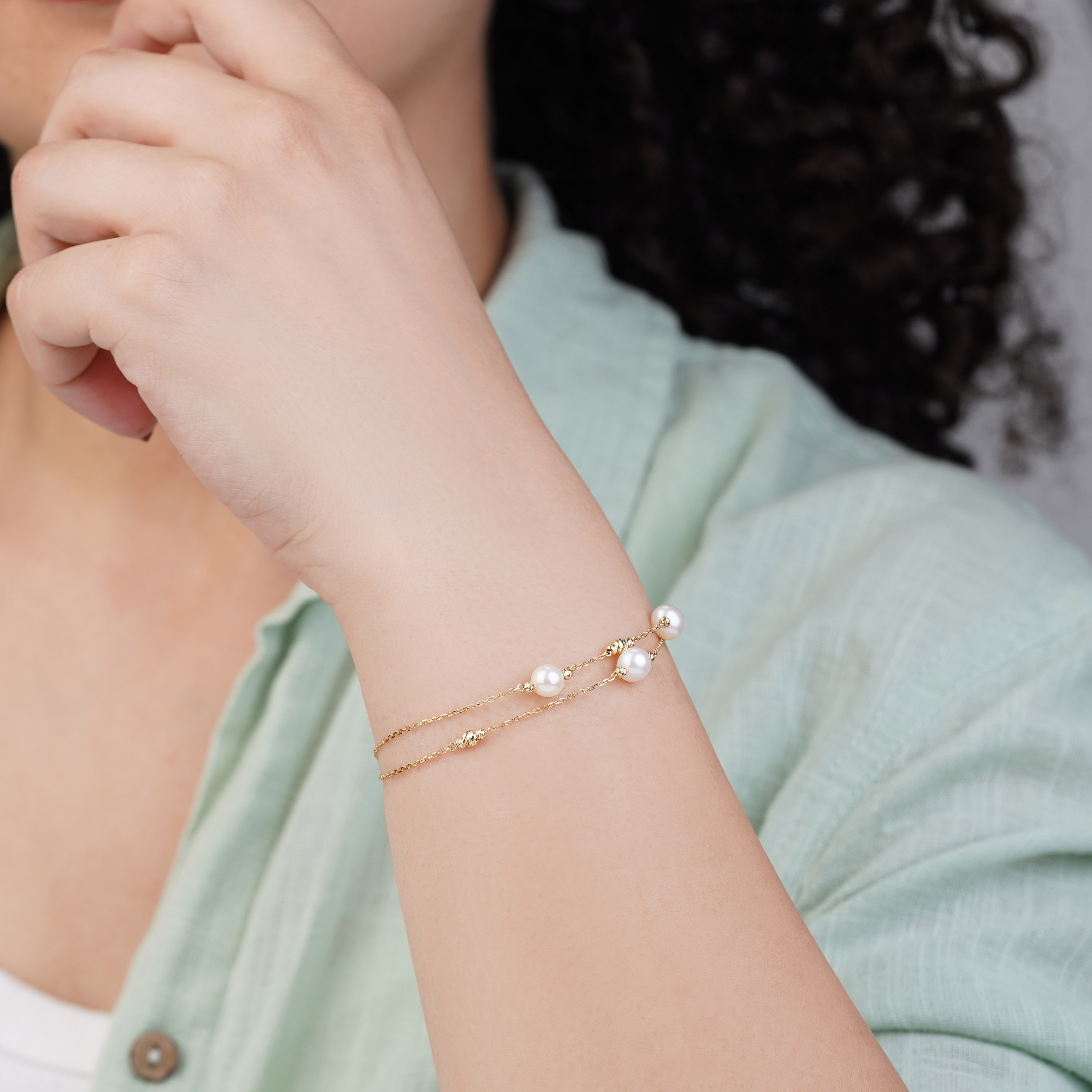 18k Yellow Gold Double Row Pearl Bracelet - Danah Collection