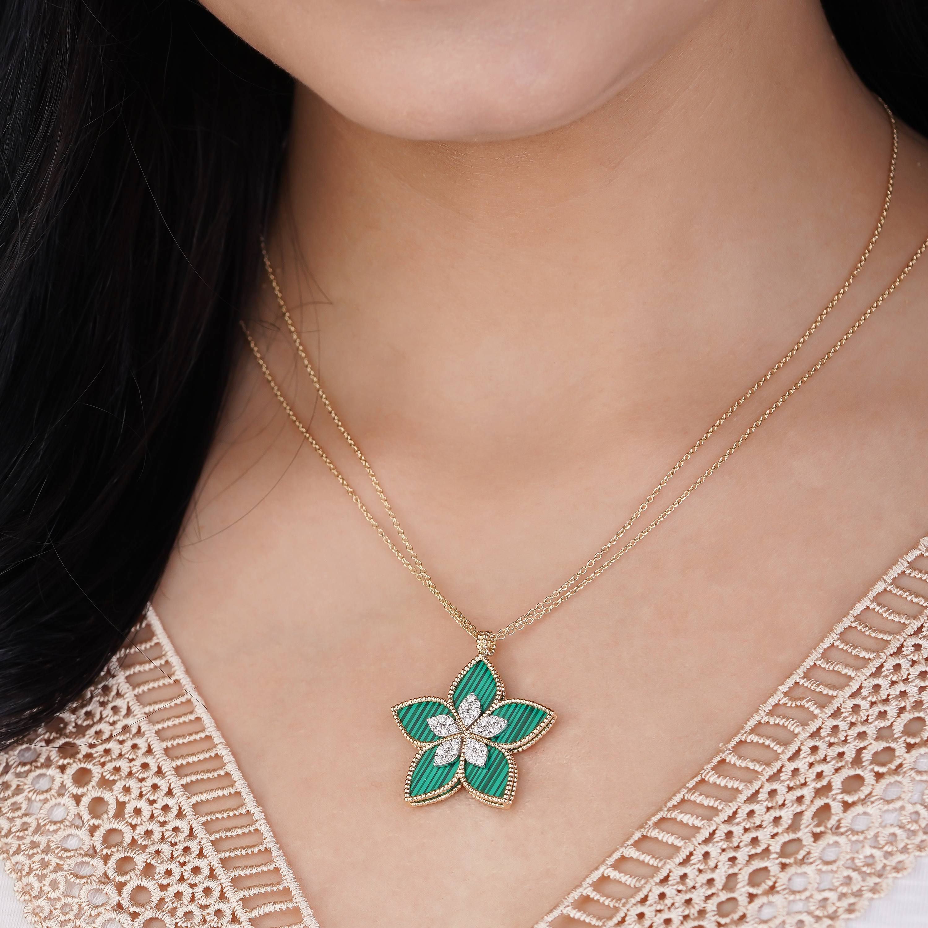 18k Yellow Gold Diamond Malachite Pendant Chain from  Fortuna Diamond Collection