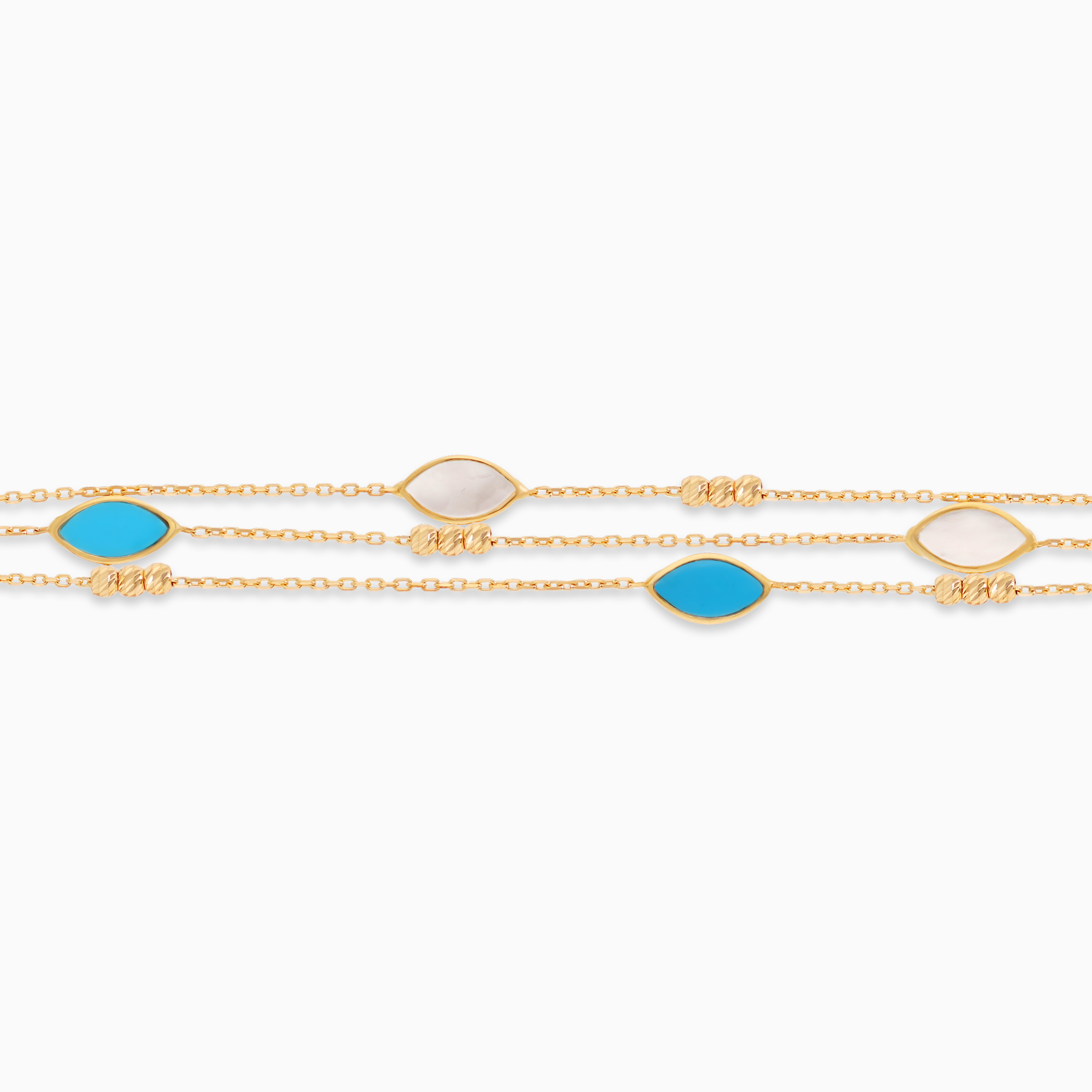 18K Yellow Gold Three-Layer Bracelet with Mother of Pearl & Turquoise - Eclat Collection